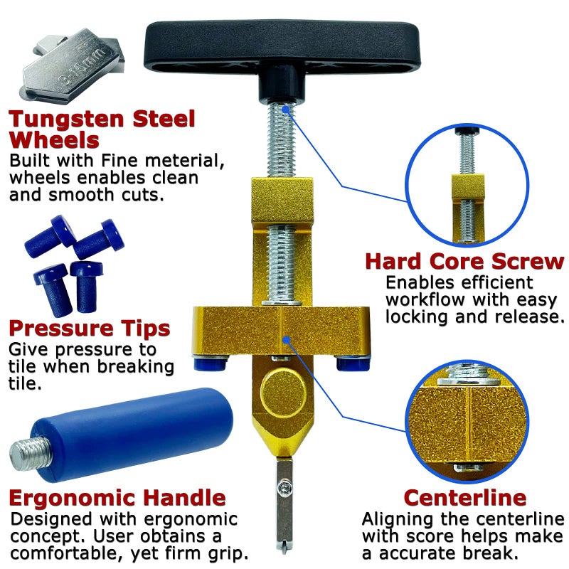 Kannony Wind Glass Cutter Hand Tool, Manual Tile Cutter, 2 in 1 Glass Cutting Tool with Glass Breaking Pliers, DIY Tool Kit, 3 Tungsten Steel Blades, 4 Tips, 1 Screwdriver, Golden - Image 2